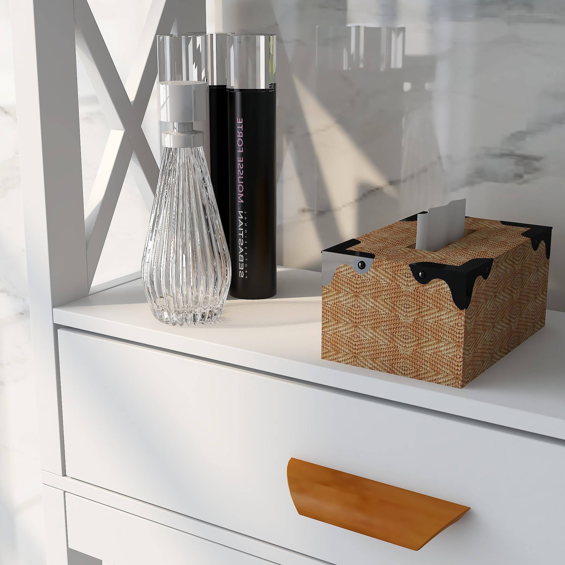 Shopi Vella white over the toilet storage cabinet with wooden handle and decorative items on top