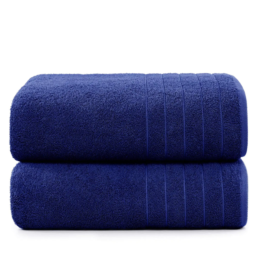Set of oversized cotton bath towels set in deep navy blue with textured stripe detailing