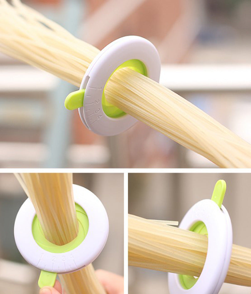 Shopi Vella pasta portion control tool in white and green for accurate kitchen storage measurement