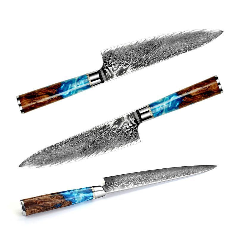 Shopi Vella pattern kitchen knife set with detailed blades and blue and wood grain handles