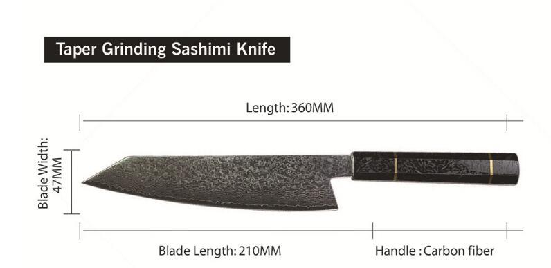 Shopi Vella pattern kitchen knife with carbon fiber handle and tapered grinding blade for sashimi