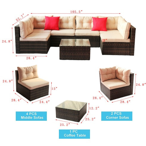 PE rattan garden corner furniture set by Shopi Vella with beige cushions red pillows and glass coffee table