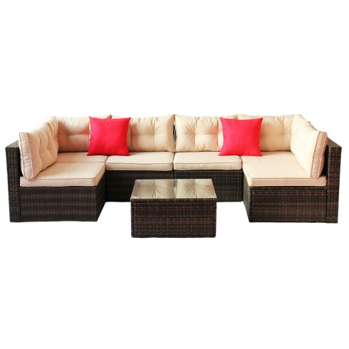 Shopi Vella PE rattan garden corner furniture with beige cushions and red throw pillows
