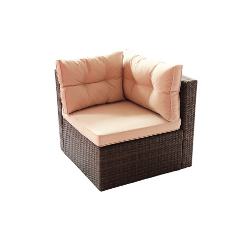 Shopi Vella PE rattan garden corner furniture with brown woven frame and beige cushions