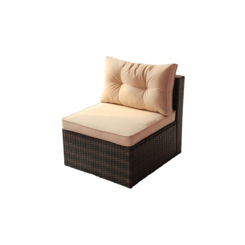 Shopi Vella PE rattan garden corner furniture with beige cushions and dark woven frame