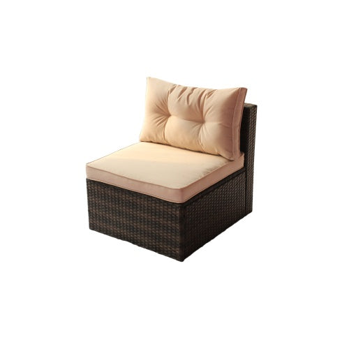 Shopi Vella PE rattan garden corner furniture single seat with beige cushions and dark woven frame