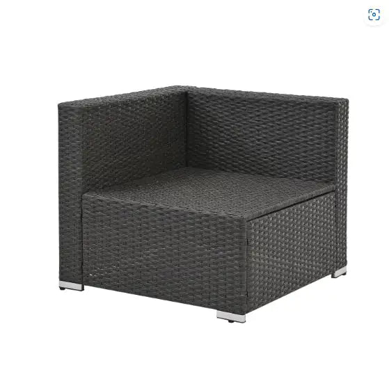 Dark gray PE rattan patio furniture corner chair with metal feet and woven texture