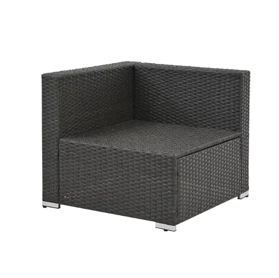 Dark gray PE rattan patio furniture corner chair with metal legs and woven texture