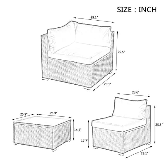 Dimensions diagram of PE rattan patio furniture including corner seat, ottoman, and single seat with cushions
