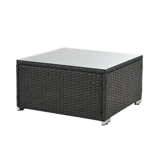 Square black PE rattan patio furniture coffee table with glass top and metal feet