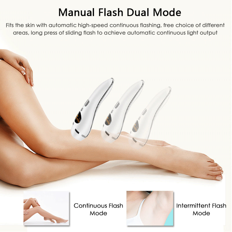 Permanent hair removal equipment showing manual flash dual mode on smooth legs for home use