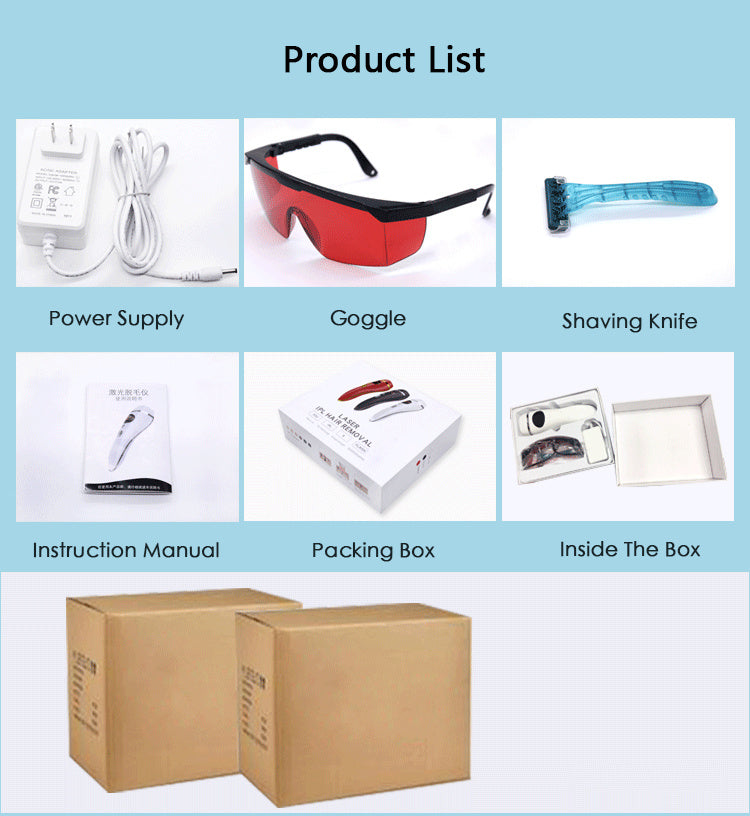 Permanent hair removal equipment components including power supply, goggles, shaving knife, manual, packing box, and inside the box