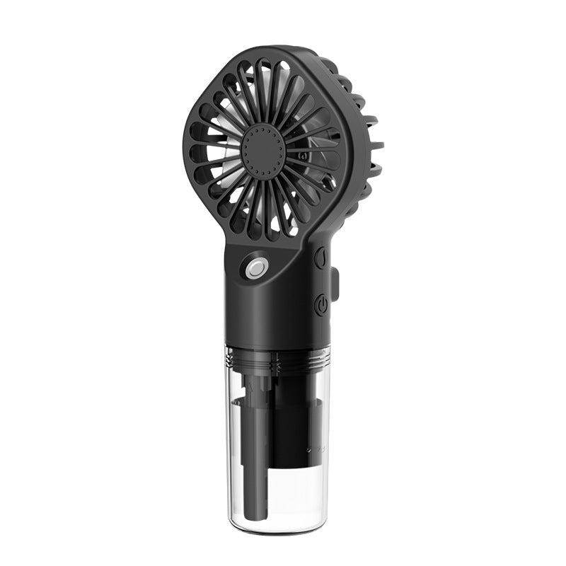 Black personal desk fan with water mist and transparent water tank by Shopi Vella