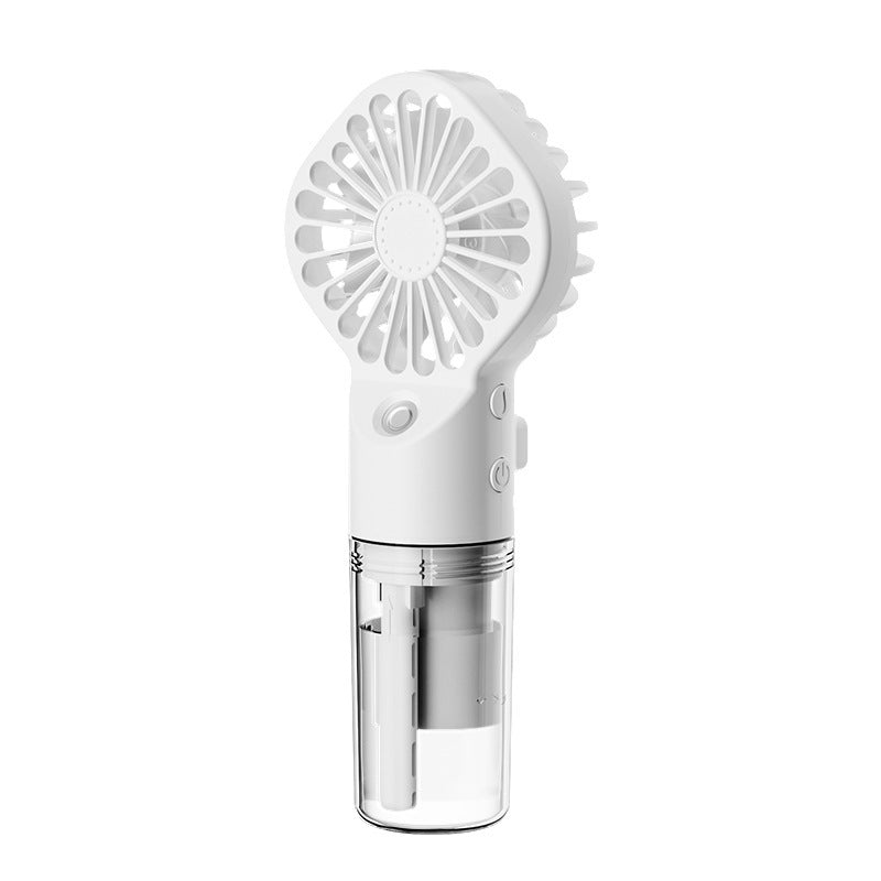 White personal desk fan with water mist featuring portable handheld design and transparent water container