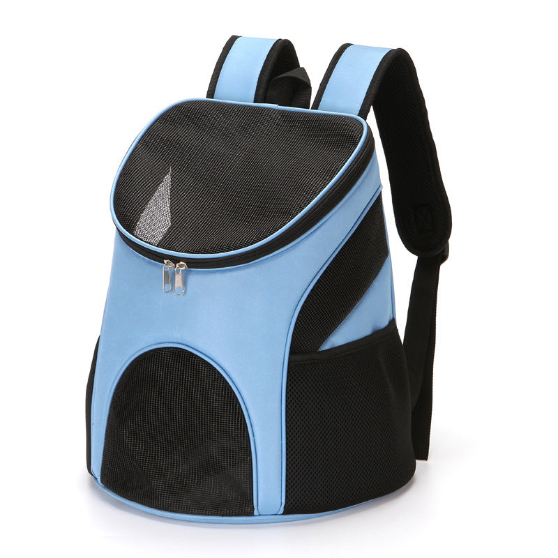 Shopi Vella blue and black pet backpack carrier with mesh panels and adjustable straps
