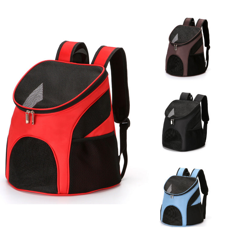 Shopi Vella pet backpack carrier available in red, brown, black, and blue with mesh panels for ventilation