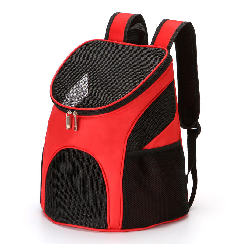 Red and black pet backpack carrier with mesh panels for ventilation and adjustable straps