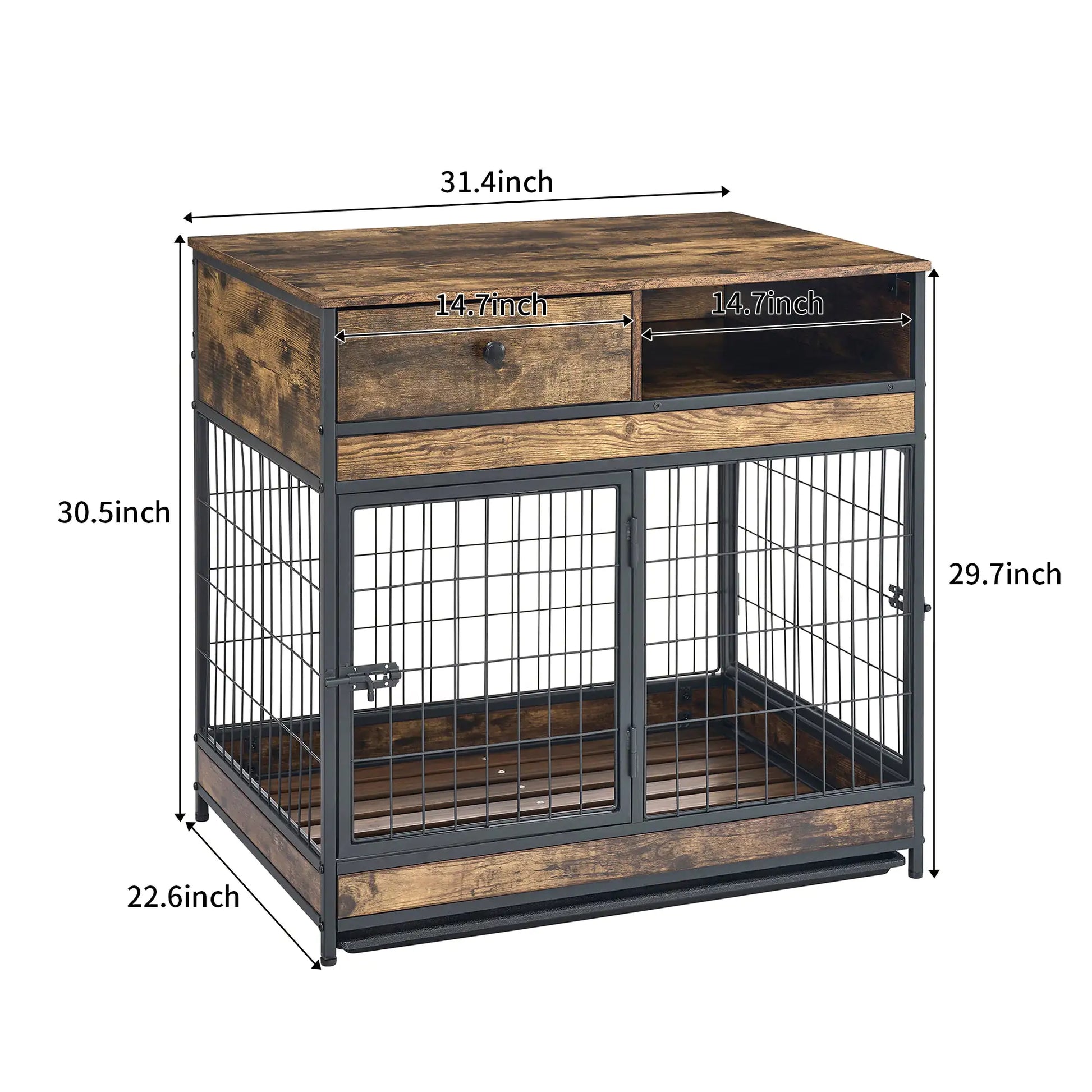 Pet crate end table for large dogs with wood finish top, drawer, open shelf, and black metal wire crate