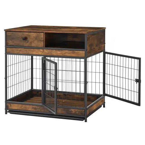 Wooden pet crate end table for large dogs with metal frame and storage drawer
