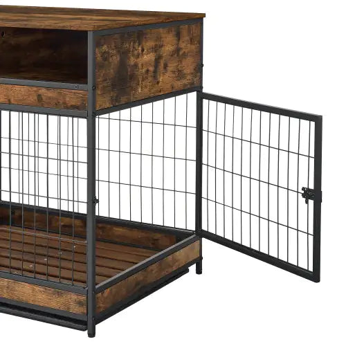 Pet crate end table for large dogs with rustic wood and black metal frame open door