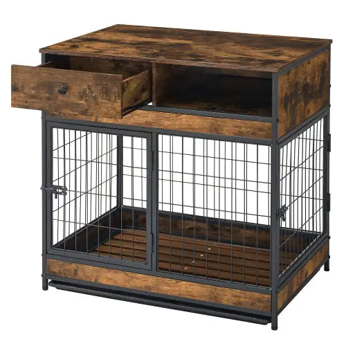 Pet crate end table for large dogs with rustic wood finish, metal frame, and storage drawer