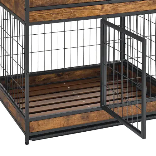 Open door view of pet crate end table for large dogs with wood and black metal frame