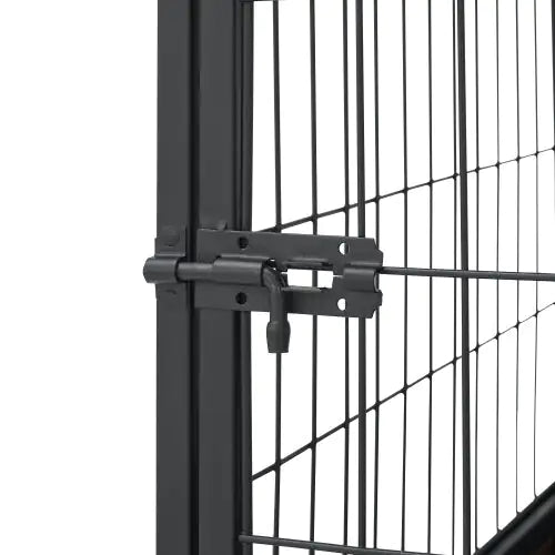 Close-up of secure latch on black metal pet crate end table for large dogs