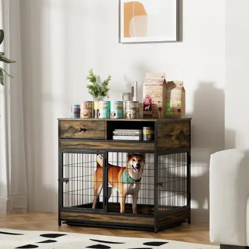 Pet crate end table for large dogs with wooden drawers and metal frame holding a dog inside