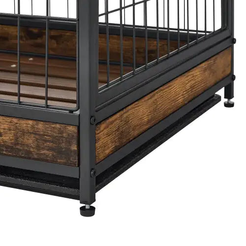 Close-up of rustic wood and black metal corner detail of pet crate end table for large dogs