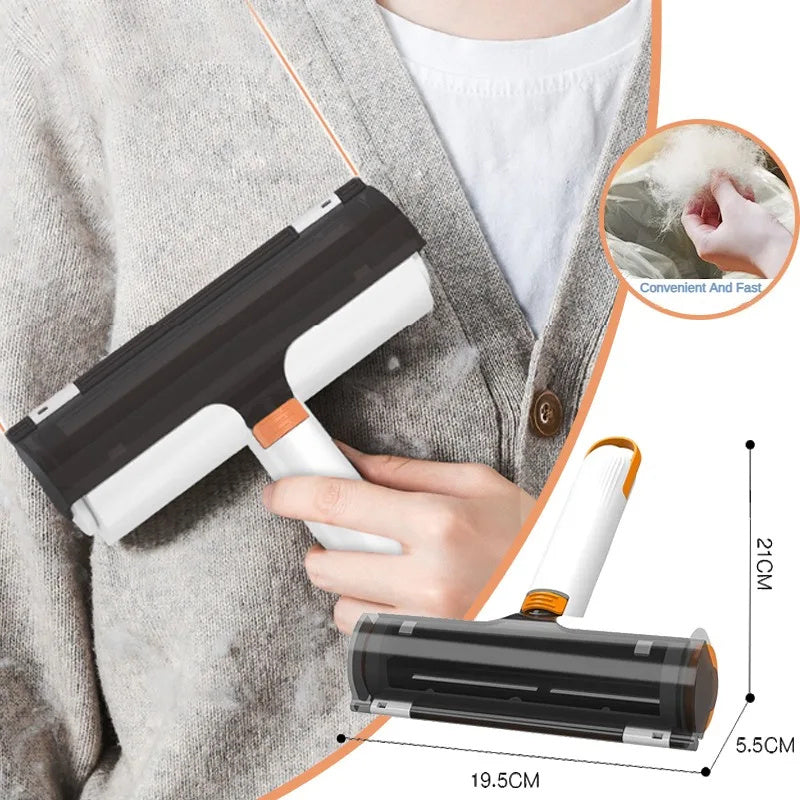 Shopi Vella pet hair removal roller in use on gray sweater for home storage cleaning