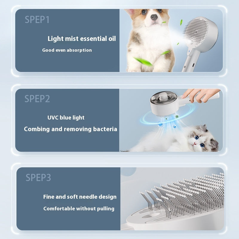 Shopi Vella pet hair remover brush with light mist essential oil, UVC blue light, and soft needle design for pet grooming