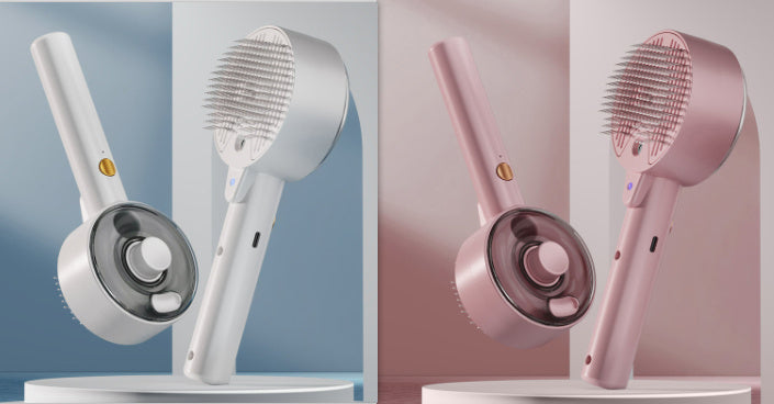 Shopi Vella pet hair remover brush in white and pink colors with ergonomic handles and fine bristles