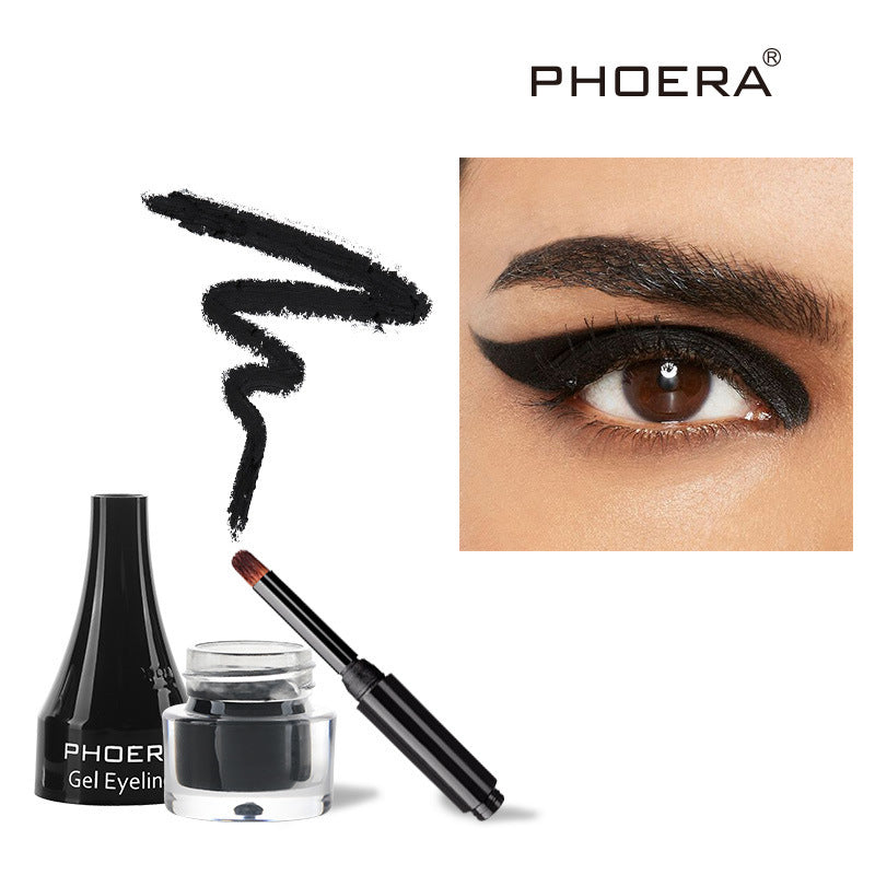 PHOERA waterproof smudge proof eyeliner gel with brush and close-up of eye makeup