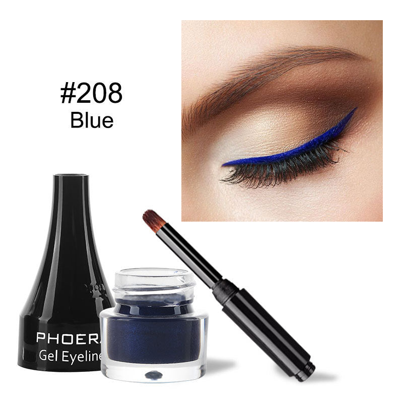 Shopi Vella waterproof smudge proof eyeliner in blue gel with brush and applied blue eyeliner on eye