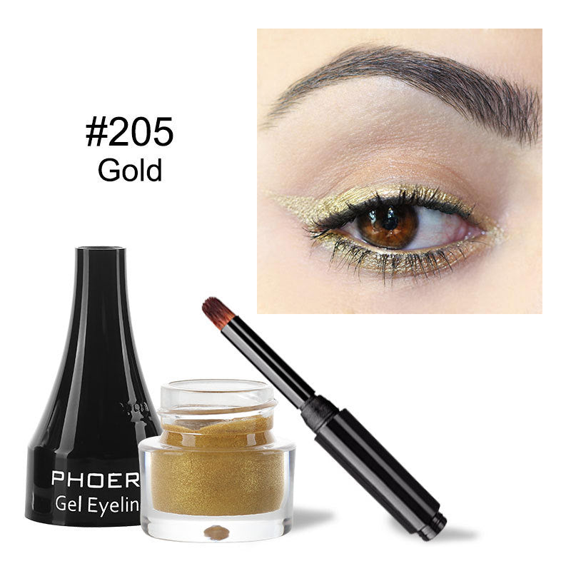 Shopi Vella waterproof smudge proof eyeliner in gold shade with brush and eye makeup example