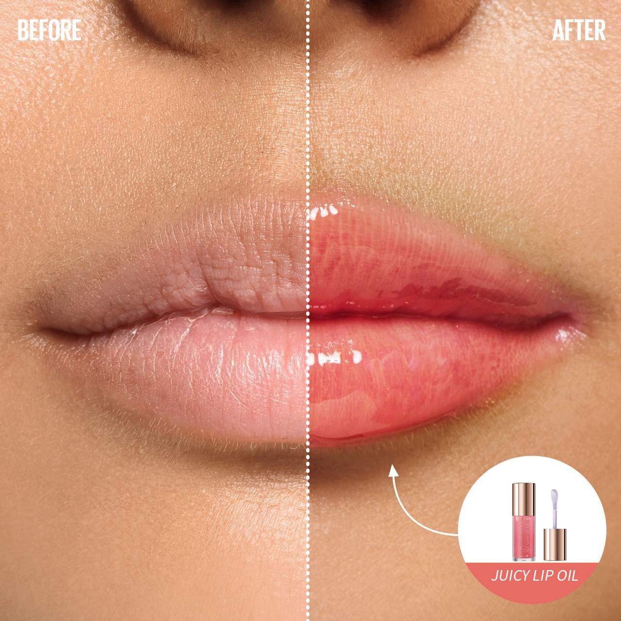 Before and after lips showing the moisturizing effect of PHOFAY Juicy Lip Oil with glossy finish