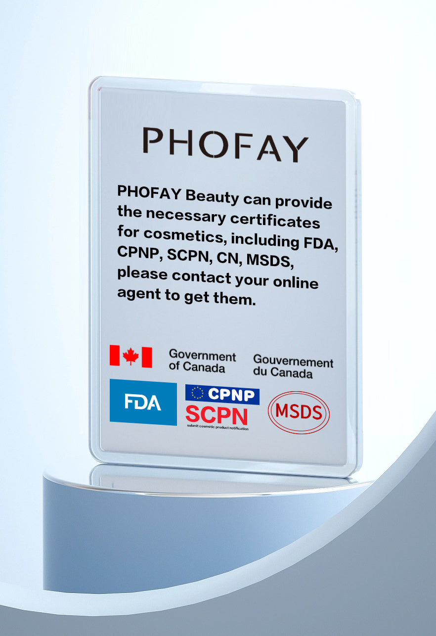 PHOFAY certificate display showing FDA SCPN CN MSDS approvals for PHOFAY Juicy Lip Oil
