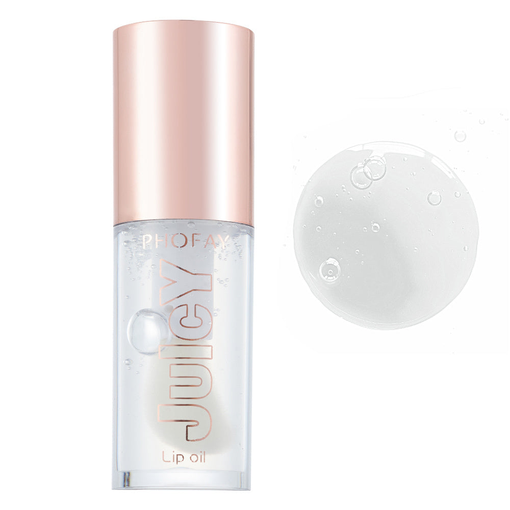 Clear PHOFAY Juicy Lip Oil bottle with rose gold cap and transparent oil droplet texture