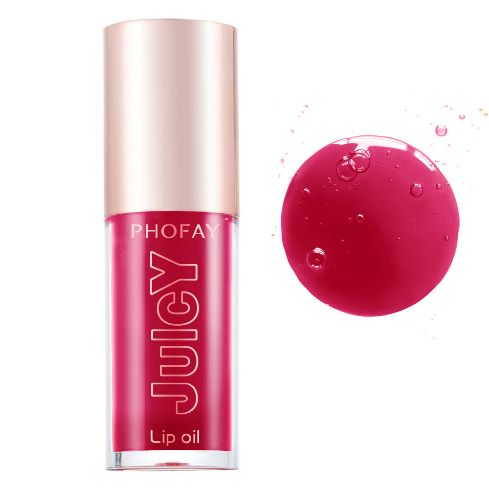 PHOFAY Juicy Lip Oil in pink shade with a close-up of lip oil texture drop