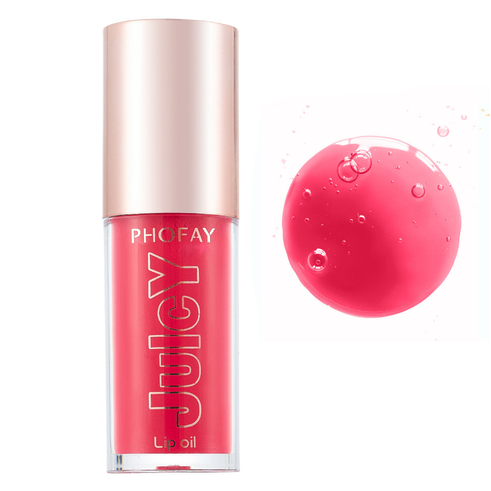 PHOFAY Juicy Lip Oil in bright pink shade with liquid oil texture droplet on white background