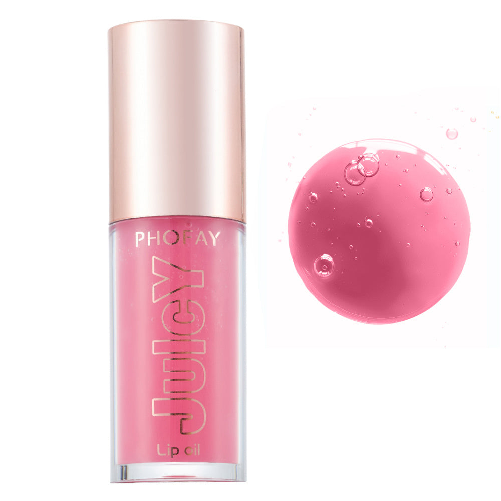 PHOFAY Juicy Lip Oil in pink shade with transparent clear bottle and rose gold cap
