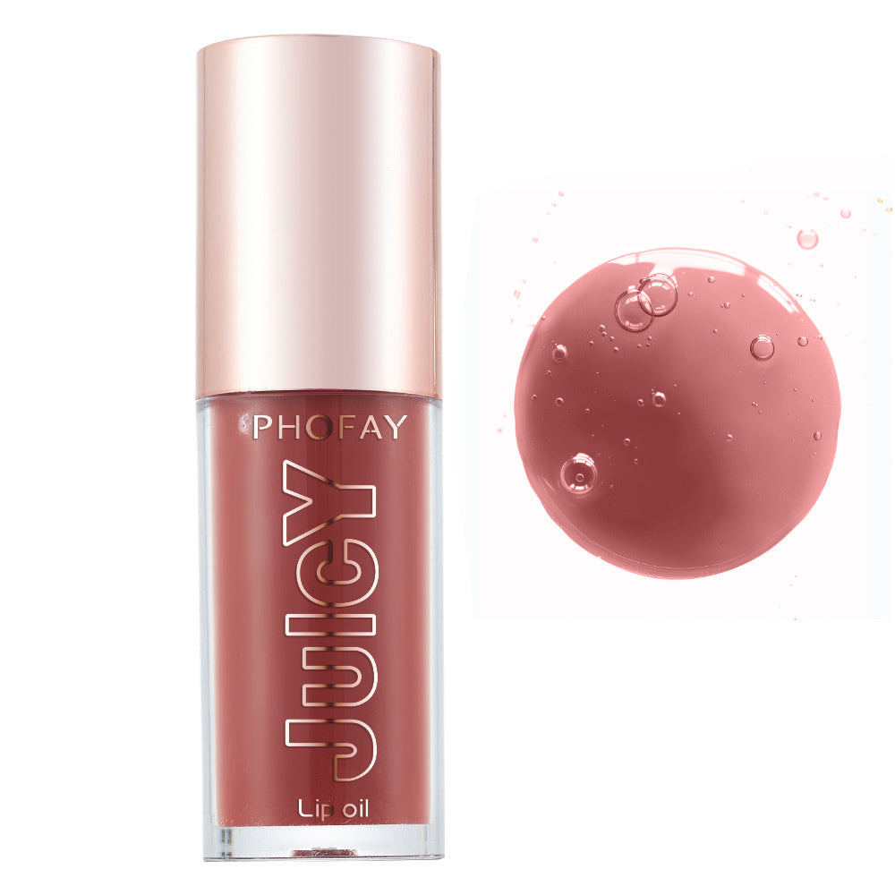 PHOFAY Juicy Lip Oil in rose shade with smooth glossy texture swatch on white background