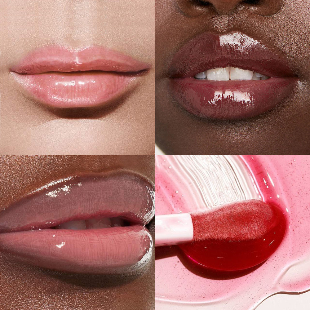 Close-up of lips with glossy finish and applicator showing PHOFAY Juicy Lip Oil in various shades