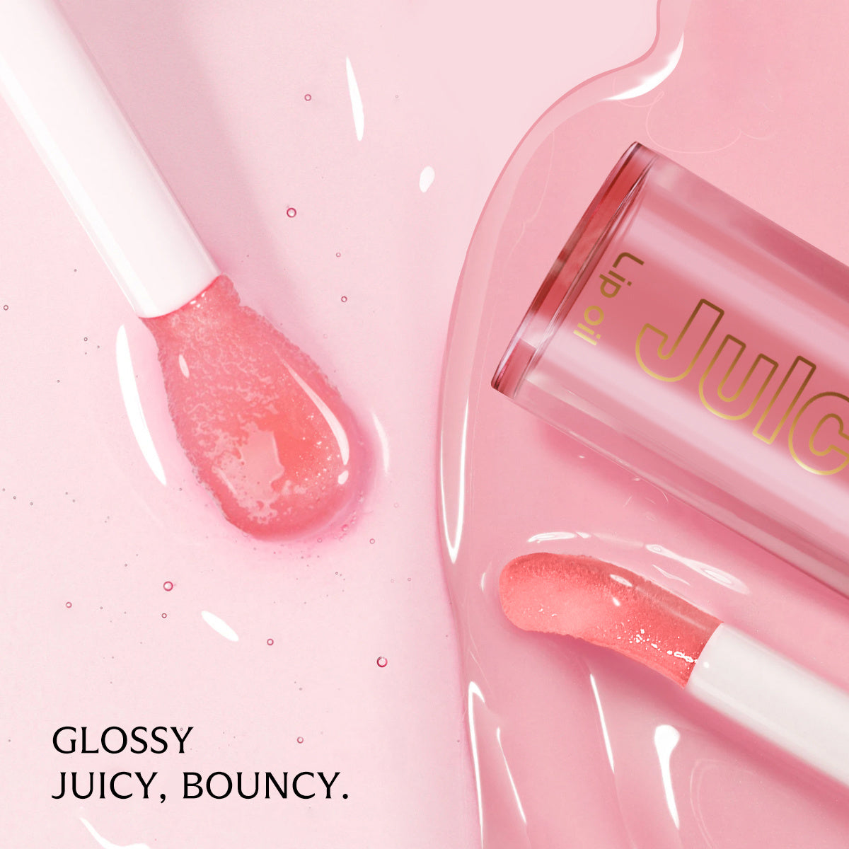 PHOFAY Juicy Lip Oil with glossy pink lip applicator and clear pink tube on pale pink background