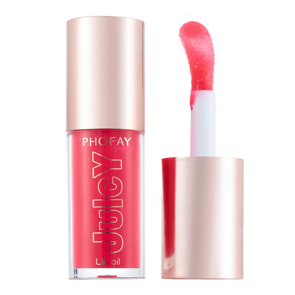 PHOFAY Juicy Lip Oil in vibrant pink with applicator and rose gold cap for smooth lip hydration