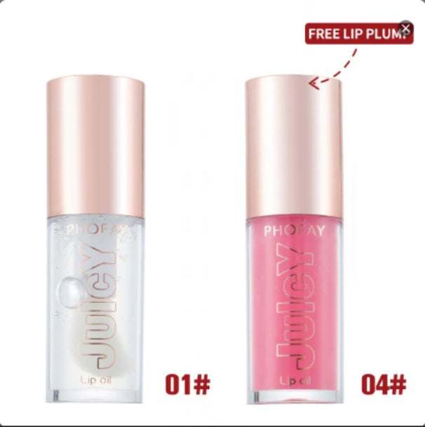 PHOFAY Juicy Lip Oil clear and pink shades with rose gold caps by Shopi Vella for lip plumping