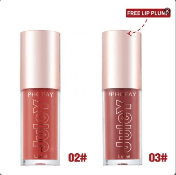 PHOFAY Juicy Lip Oil in shades 02 and 03 with rose gold caps offering free lip plump