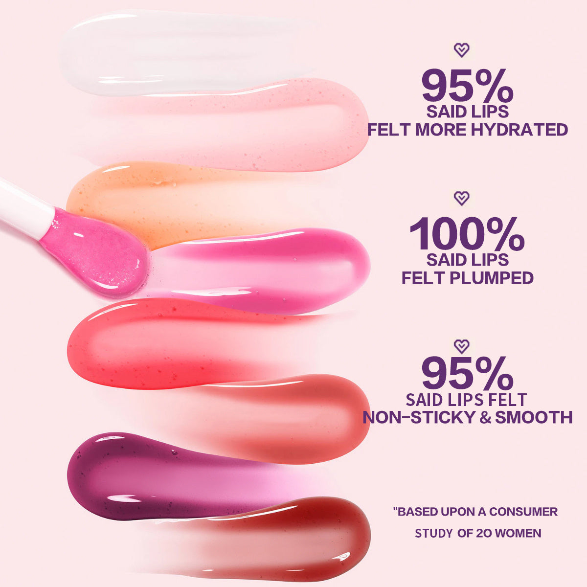 PHOFAY Juicy Lip Oil swatches in six shades showing hydration, plumping, and smoothness benefits