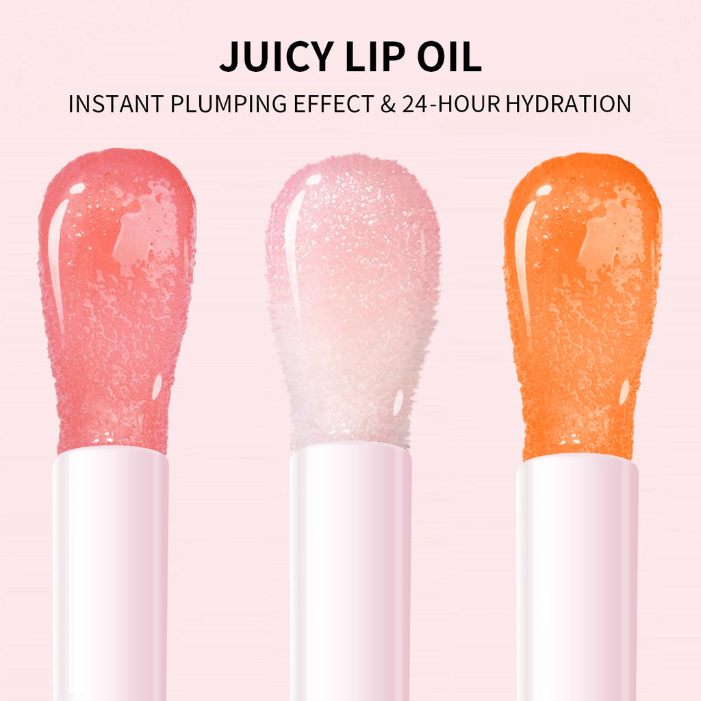 PHOFAY Juicy Lip Oil applicators showing three shades with plumping and hydration effects