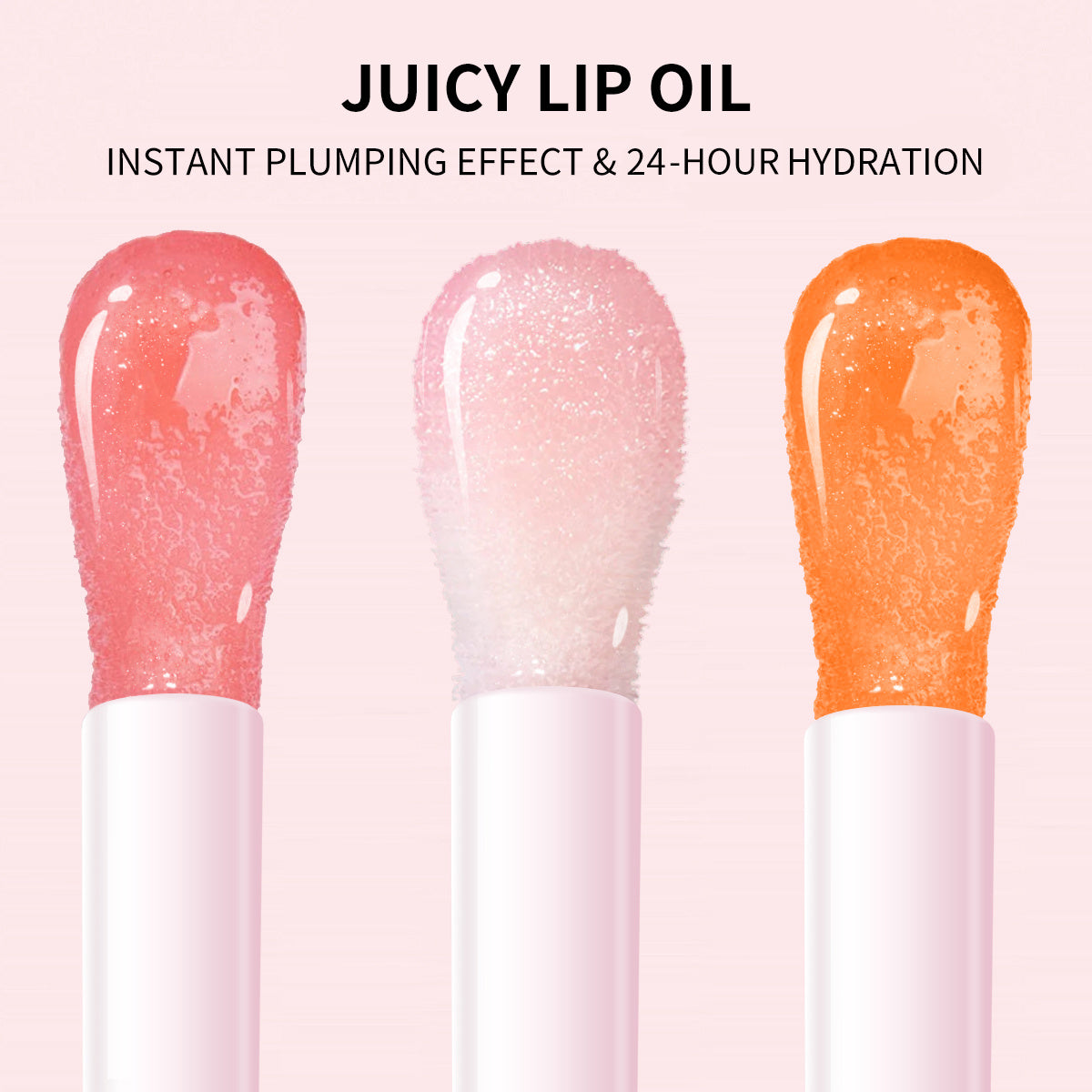 PHOFAY Juicy Lip Oil applicators showing three shades with plumping and hydration effects